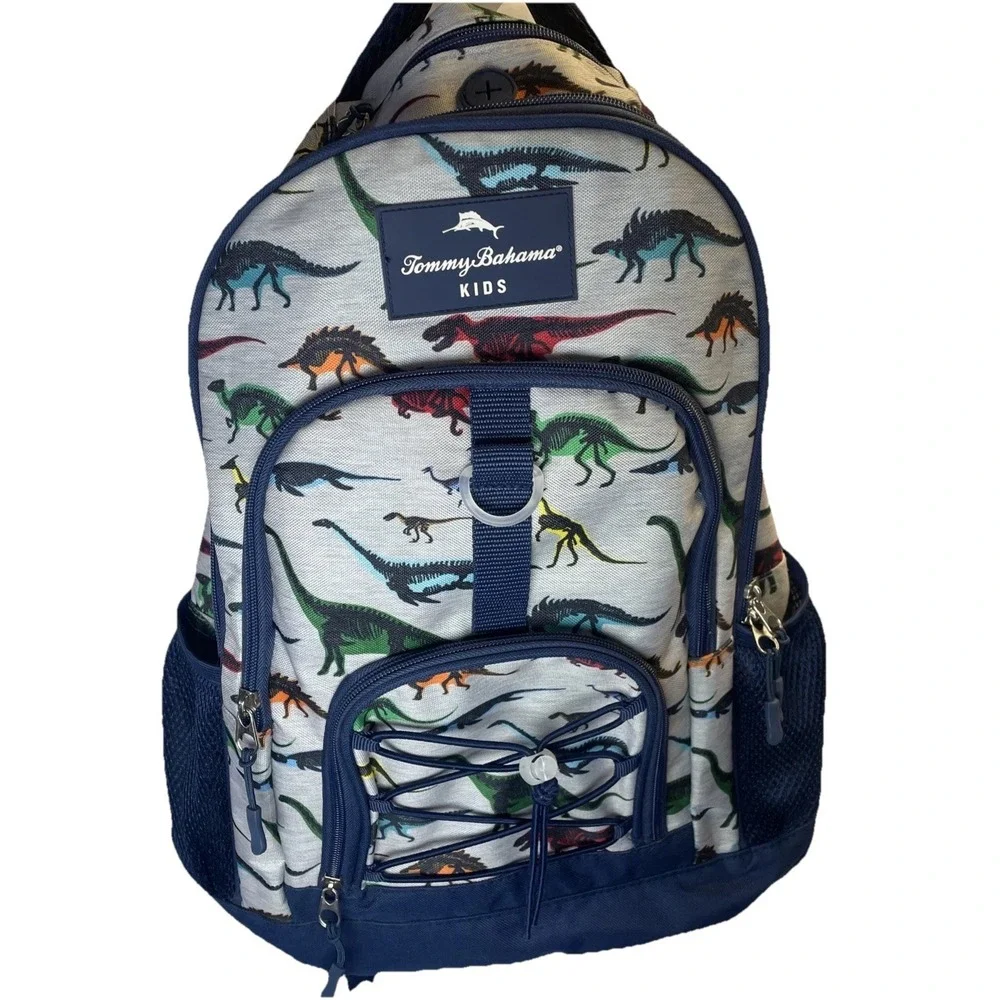 Tommy Bahama Kids Backpack Bag Navy Blue/Grey Colorful Dinosaurs 4 Zip Pockets